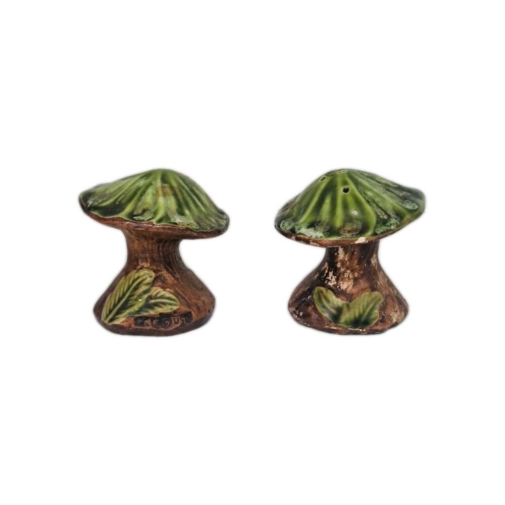 Vintage Mushroom Salt & Pepper Shakers Green Brown Fungi 2.5" Kitchen Decor Set